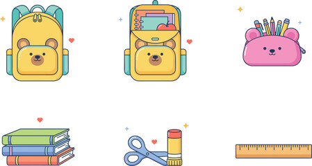 Naklejka premium Cute Kids School Supplies Vector Icon Set Featuring Kawaii Bear Backpack, Pencil Case, Stack of Books, Scissors, Glue, and Ruler for Education Graphic Designs