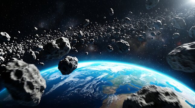 Asteroid belt floating in space above planet earth