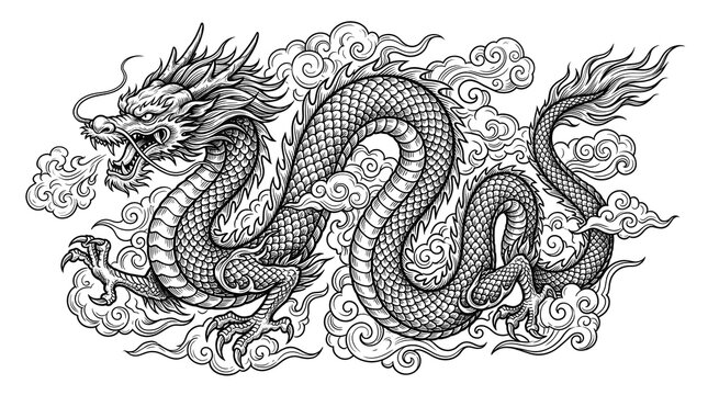 Intricate monochromatic traditional hand-drawn illustration features a powerful chinese dragon coiling among clouds, ideal design asset.