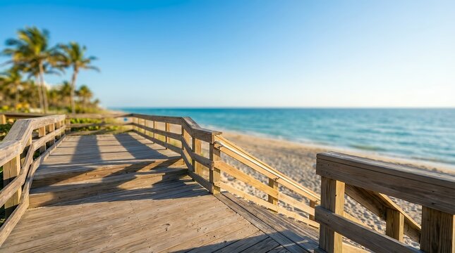 A Hollywood-style beach boardwalk in Florida Miami featuring wooden steps and stairs with nobody present and a bokeh blurry background of blue ocean water during the day Hollywood USA beach boardwalk