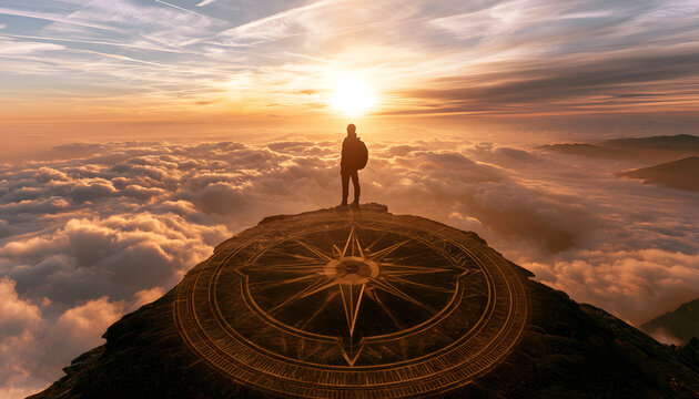 Man silhouette standing on high mountain peak above clouds, looking at golden sunset with a large gold compass glowing on the ground