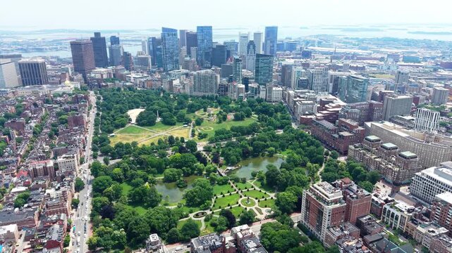 Aerial view of Boston Common, Park and Skyline