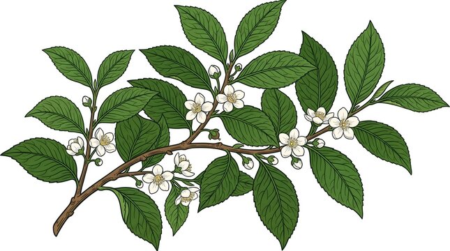 Vibrant green camellia sinensis tea plant branch with delicate white flowers and fresh leaves, presented as a detailed botanical illustration for commercial use.