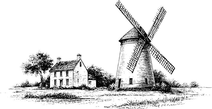 Engraved rustic windmill with sails and farmhouse background for vintage poster and wall art design