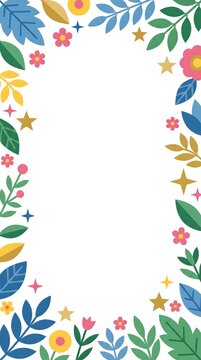 Vibrant stylized floral frame illustration featuring colorful leaves, blossoms, golden stars, creating vertical copy space, ideal springtime marketing design element.