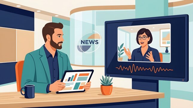 News anchor presenting broadcast interviewing remote expert guest on large monitor live TV studio