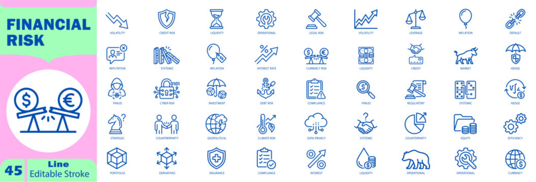 Financial risk icons set. Outlining economic uncertainty, market volatility, and business security threats for management. Editable Stroke. Vector Illustration.