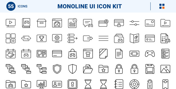 Backlog tracker app line icon set. Vector pictograms of game, library, task, and management elements, thin linear illustration.