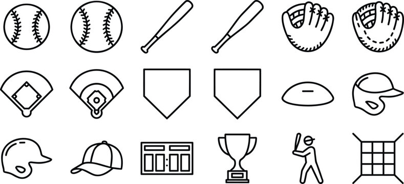 Baseball equipment icon set bat ball glove helmet home plate field scoreboard trophy line art vector illustration collection.