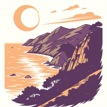 Coastal landscape with rocky cliffs and sun a large crescent sun hangs