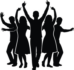 Fototapeta premium Silhouettes of group of people dancing and celebrating with celebration silhouette happiness