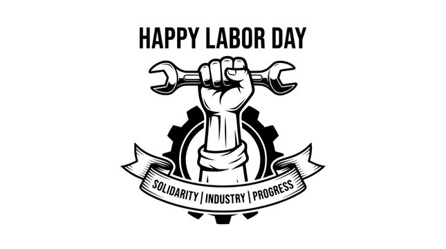 Labor Day vector illustration, raised fist holding wrench with gear and ribbon, solidarity industry progress concept for worker rights