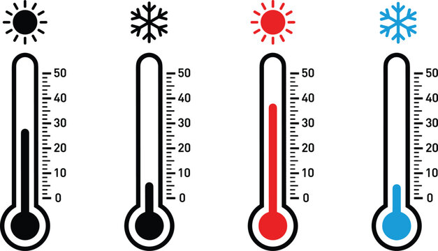 Weather thermometer icon vector set showing hot and cold temperature levels with sun and snowflake symbols.