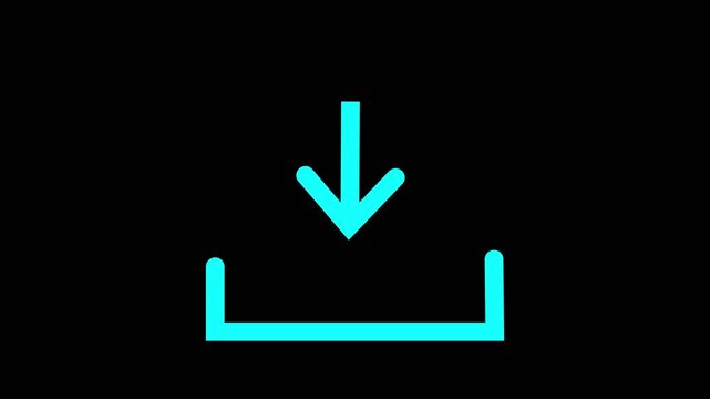 Clean white animated download button icon. Downward arrow landing into a bracket slot with black background.Motion graphics of concept