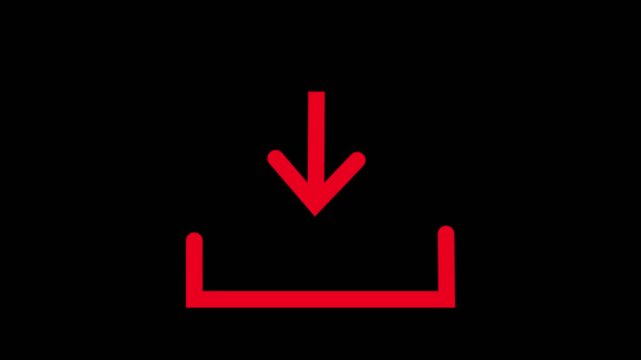 Clean white animated download button icon. Downward arrow landing into a bracket slot with black background.Motion graphics of concept