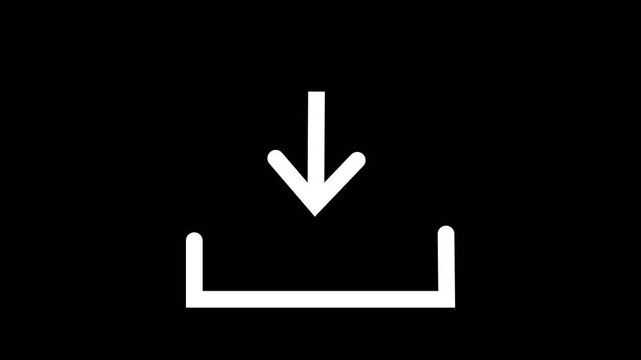 Clean white animated download button icon. Downward arrow landing into a bracket slot with black background.Motion graphics of concept