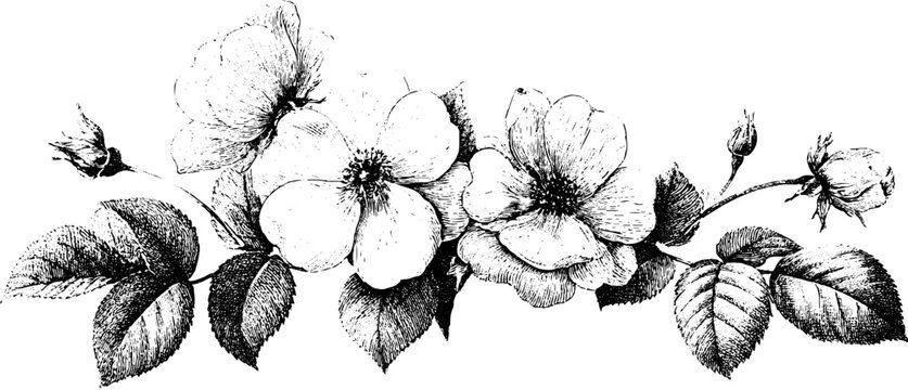 Seamless vintage engraved wild rose garland with repeating blooms and leaves for horizontal border background and floral banner design