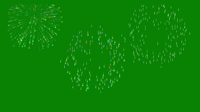 Colorful fireworks explosion on green screen with sparkling particles and glowing trails, perfect for celebration overlays.estive celebration animation, bright light particles display.4k