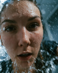 Fototapeta premium Surprised Woman Portrait with Dripping Water – Intense Emotion and Candid Beauty Shot in Studio Photography