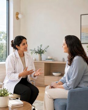 Healthcare professional discusses treatment options with patient in a welcoming clinic office