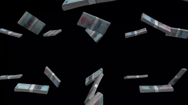 Sao Tome Money, Dobra Banknotes Falling On Black Background, STN Polymer Currency Stacks Dark Cinematic, 4K