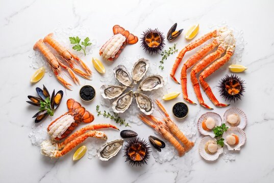 Fresh seafood platter with oysters crab lobster and caviar flat lay