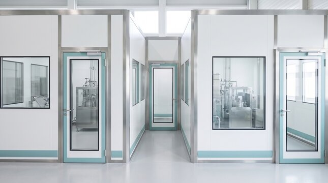Modular pharmaceutical cleanroom suite with central access wide view