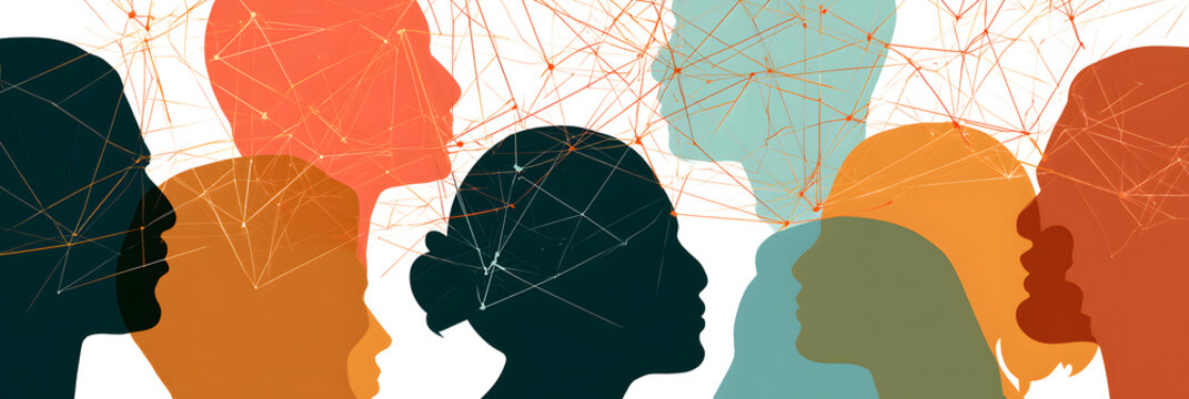 Network of interconnected human head silhouettes representing communication, collaboration, and diverse minds