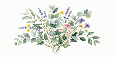 Watercolor bouquet of wildflowers and eucalyptus leaves illustration with hand painted watercolor wildflowers eucalyptus botanical painting © Manjur