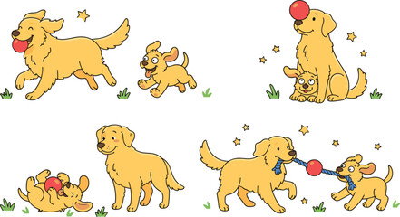 Fototapeta premium Cute Golden Retriever Dog and Puppy Cartoon Character Vector Set Featuring Playful Pets Running Playing Ball and Tug of War for Graphic Designs