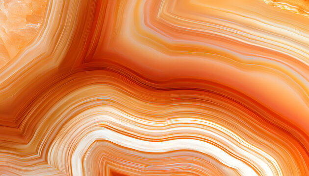 A macro shot of an orange agate stone slice displays organic wavy lines. The polished crystalline layers showcase translucent texture and natural banding. The shiny gemstone mineral surface produces a