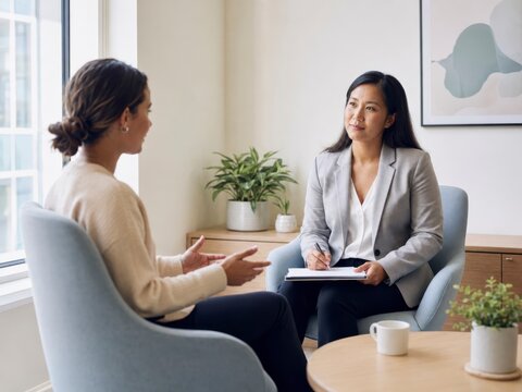 Wellbeing conversation between hr representative and employee in a calm contemporary office with natural daylight