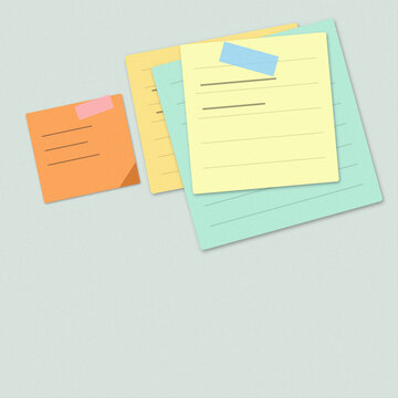 Assorted colorful sticky notes with handwritten lines and tape on a light gray background