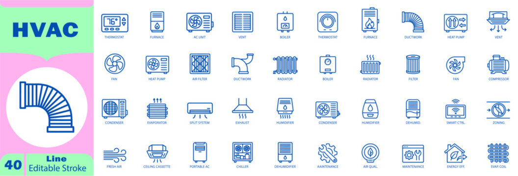 HVAC line icon set. For heating, ventilation, and air conditioning maintenance, repair, and climate control service tools. Editable Stroke. Vector Illustration.