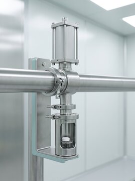 Closed tablet sampling port on pharmaceutical production line close up
