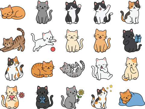 Set of cute cartoon cats in various poses and colors isolated on a white background
