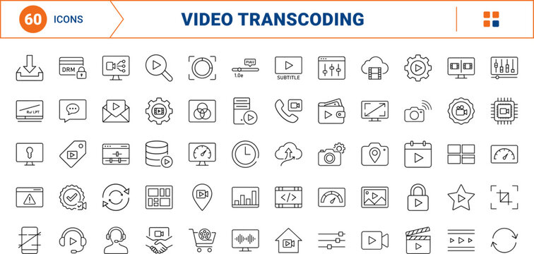 Video transcoding platform line icon set. Vector pictograms of media, compression, streaming, and player elements, thin linear illustration.