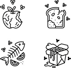 Fototapeta premium Spoiled food and organic waste icon set moldy apple bread fish bone takeout line art vector illustration collection.