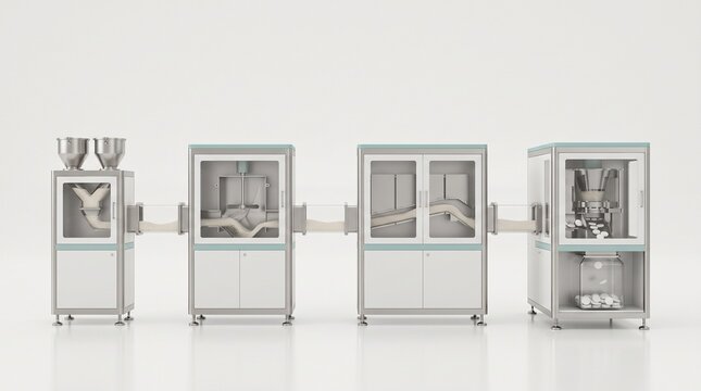 Four stage pharmaceutical production line technical illustration