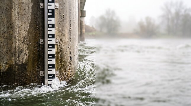 Close up view of professional water level gauge ruler with geometric notches fixed to concrete bridge pillar with turbulent green river floodwater rising empty blurry misty backdrop on right