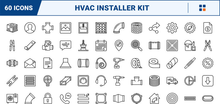 Ductwork installer line icon set. Vector pictograms of hvac, ventilation, air, and duct elements, thin linear illustration.