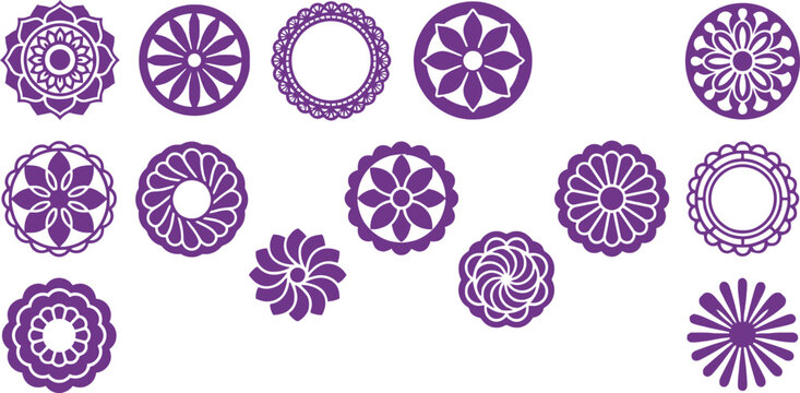 Set of various purple circular mandala designs and ornamental floral patterns isolated on a white background