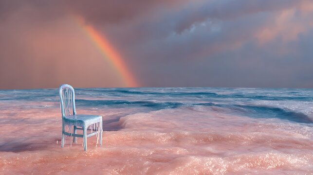 Wooden bench on sandy beach with ocean waves and cloudy sky