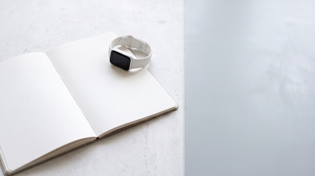 High angle view of open paper medical journal with blank unprinted white pages and matte white smart health tracker wearable device with blank textless screen on white concrete desk layout on right