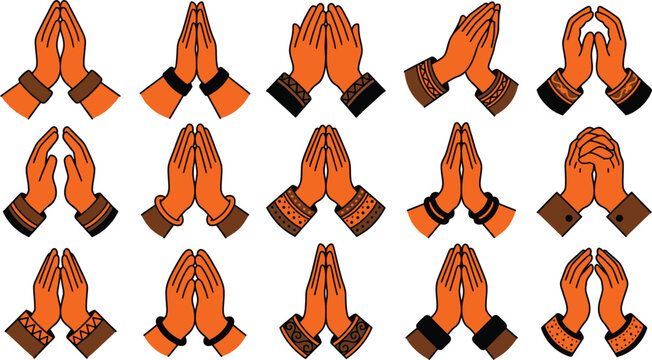 Set of fifteen hand drawn illustrations of namaste greeting gestures isolated on a white background