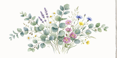 Watercolor hand painted bouquet of wildflowers and eucalyptus branches with watercolor wildflowers eucalyptus botanical painting illustration © Manjur