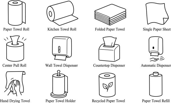 Paper towel roll and dispenser icon set, 12 kitchen towel and hygiene line icons, bathroom paper products and cleaning supplies vector