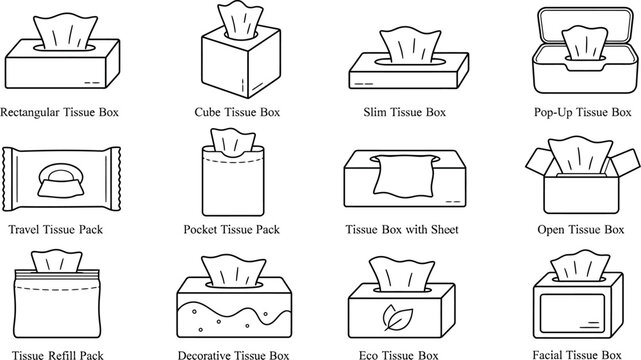 Minimalist tissue box icon set, 12 facial tissue paper packaging line art vectors, rectangular and cube napkin dispensers for hygiene and healthcare
