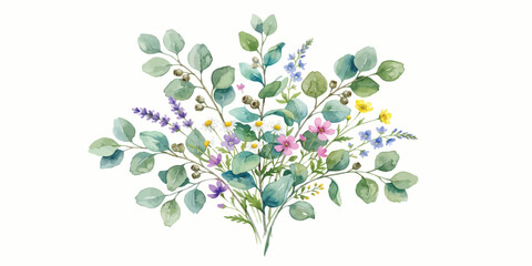 Watercolor bunch of green eucalyptus leaves and purple wildflowers with hand painted watercolor eucalyptus wildflowers botanical painting © Manjur