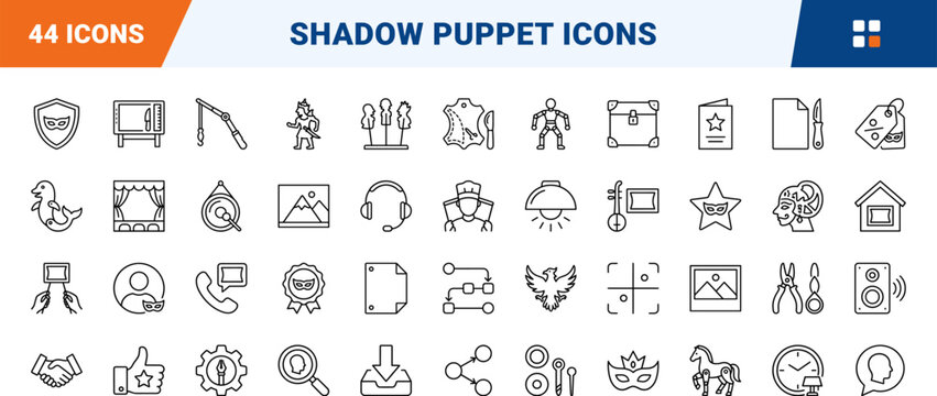 Shadow puppet theater website kit art line icon set. Vector pictograms of show, controls, craft, and stage elements, thin linear illustration.